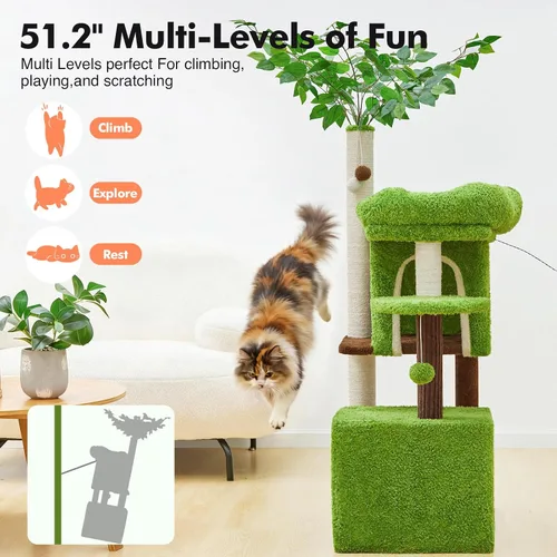 Vista 3 de Woochpet Árbol para gatos de 60 pulgadas con poste rascador para gatos en forma de árbol con 2 casas grandes para gatos y cama de percha superior