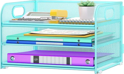 Vista 14 de Cawukege Organizador de papel de 3 niveles con asa, organizador de escritorio de metal, bandeja de cartas de papel de malla, carpeta de archivos