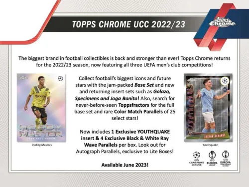 Vista 3 de 2022-23 Topps Chrome UEFA Champions League Soccer Factory Sellado Hobby Lite Box 16 Paquetes de 4 Cartas. 4 Paralelos Raywave en Blanco y Negro Por
