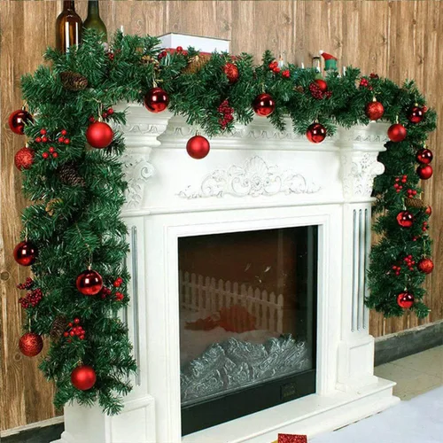 Vista 4 de Guirnalda de Navidad de 10 pies, guirnalda de pino predecorada con bayas rojas y piñas, para repisa de chimenea, barandilla de escaleras, chimenea