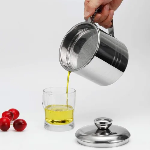 Vista 2 de Contenedor de grasa de tocino de acero inoxidable con pantalla de filtro de malla, 1.2L/5 tazas de aceite de cocina para cocina