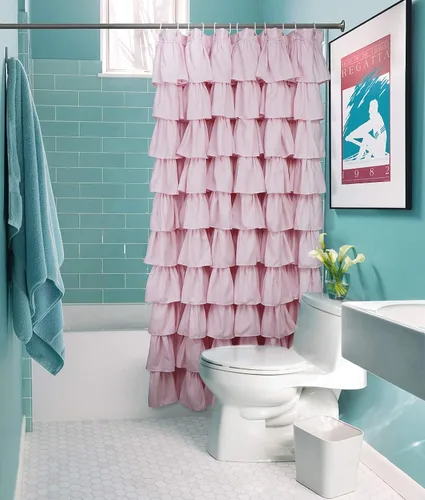Vista 9 de Volens - Cortina de baño de tela con volantes, estilo rústico de granja, color rosa, para baño, 72" x 72