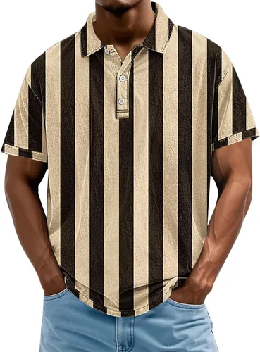 Vista 8 de Camisa polo de manga corta para hombre, camiseta de golf a rayas, de manga corta, para vacaciones, casual, cuello en V, camiseta de verano