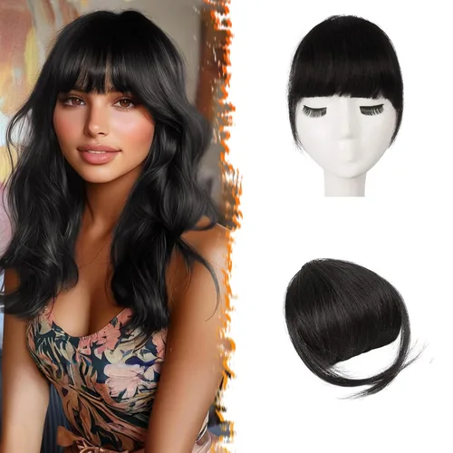 Vista 11 de BARSDAR Flequillo postizo de pelo humano real - Flequillo postizo 100% pelo humano para mujeres - Extensiones de flequillo ondulado castaño rojizo
