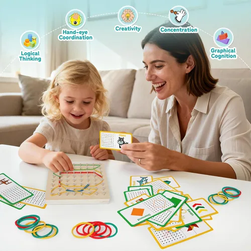 Vista 4 de Tablero geométrico de madera para niños - Juguete educativo Montessori STEM con tarjetas de patrones y bandas de goma, rompecabezas de formas