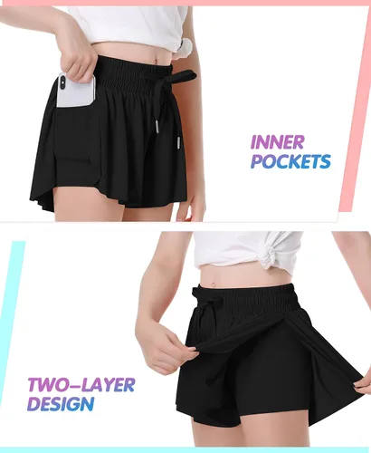 Vista 2 de QooNoo Girls Butterfly Shorts with Pocket Flowy Athletic Shorts High Waist Preppy Running Shorts for Kids Teen