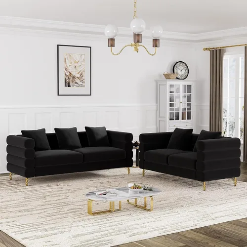 Vista 11 de OUYESSIR Sofá Cloud para sala de estar, cómodo sofá biplaza de terciopelo de 59 pulgadas con 2 almohadas y patas doradas, moderno asiento de dos