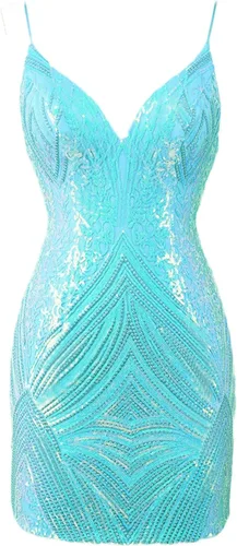 Vista 5 de POMUYOO Vestidos cortos brillantes ajustados de regreso a casa para adolescentes, encaje con lentejuelas, tirantes delgados, vestidos de cóctel YG243