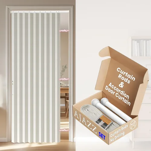 Vista 11 de AJAZZ Conjunto: Barras para cortinas sin perforación (28-39" de ancho) y cortina acordeón para puerta, beige 43" de ancho × 78" de largo, puertas