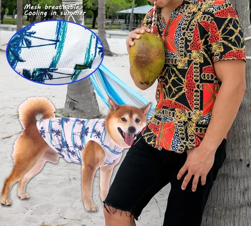 Vista 7 de Camisas hawaianas para perros, de secado rápido, de malla refrescante, de verano, con estampado de coco para perros pequeños, azul y amarillo, XS