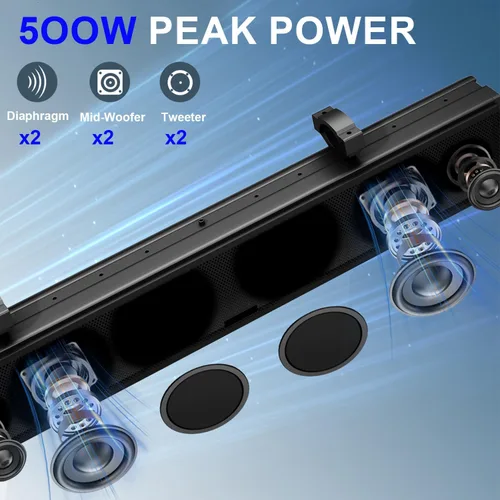 Vista 7 de Barra de sonido UTV de 25 pulgadas, Bluetooth impermeable con iluminación RGB, altavoz Bluetooth con IP65 impermeable, sonido amplificado de 500 W