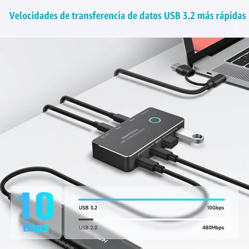 Vista 10 de RSHTECH USB 3.2/USB C Switch 10Gbps 2 ordenadores comparten 4 dispositivos, RSH-A201C Negro