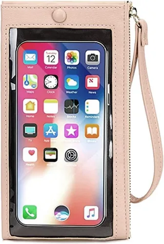 Vista 3 de Funda de cuero para teléfono con pantalla táctil, cartera de mano para mujeres y niñas F23 Rosa Claro 2 bolsillos