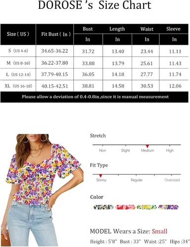 Vista 6 de DOROSE Blusa de manga abombada para mujer, con cuello de corazón, parte delantera fruncida