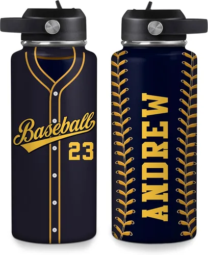 Vista 9 de Hyturtle Botella de agua de béisbol personalizada, botella de acero inoxidable aislada de viaje con tapa a prueba de fugas, 18 onzas, 32 onzas