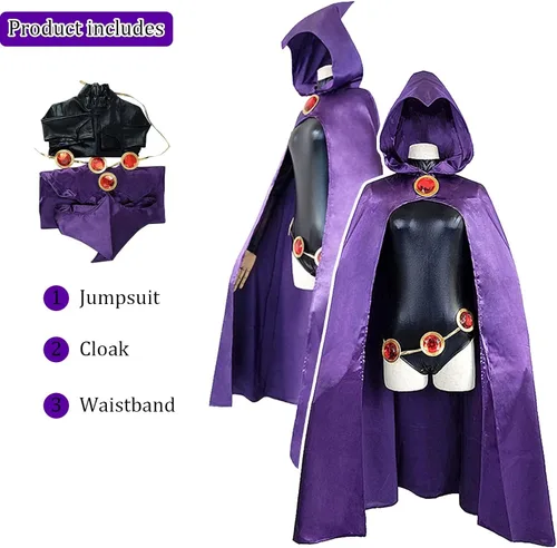 Vista 3 de Disfraz de cosplay de TeenTitans-Raven, overol de lujo con cinturón con capa morada, uniforme de Halloween, disfraz de cosplay para mujer
