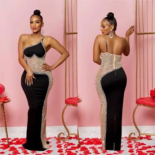 Vista 2 de Molilove Vestido sexy sin mangas para mujer, vestido de cóctel con tirantes de un hombro, vestido largo de fiesta con diamantes de imitación