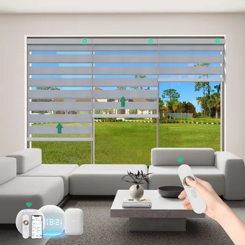 Vista 23 de Persianas motorizadas de cebra con control remoto [doble capa + filtro de luz] Persianas inteligentes 60% opacas para ventanas interiores