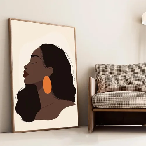 Vista 21 de Lienzo de mujer bohemio con impresiones femeninas, cuadro abstracto de niña, pintura moderna abstracta estética, arte de pared afroamericano