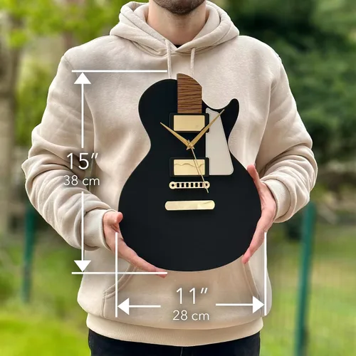 Vista 4 de goodtime Reloj de guitarra, negro y dorado, moderno, reloj silencioso, 11 x 15 pulgadas, acrílico, roble, tema musical, mecanismo de cuarzo, regalo