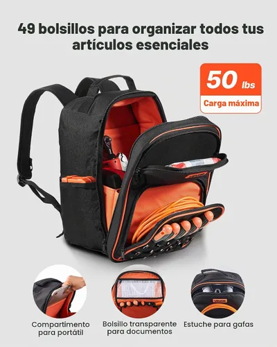 Vista 2 de VEVOR Mochila de Herramientas, 49 Bolsillos, Organizador de Almacenamiento de Herramientas de Servicio Pesado, Bolsas de Trabajo Mochila