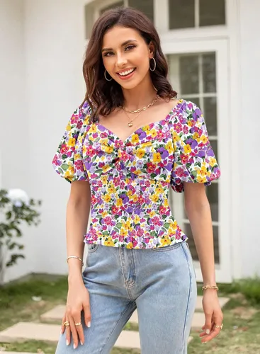 Vista 7 de DOROSE Blusa de manga abombada para mujer, con cuello de corazón, parte delantera fruncida