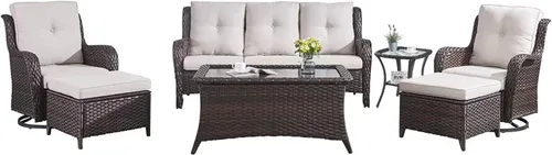 Vista 96 de HUMMUH Juego de 2 Sillas Giratorias Mecedoras de Mimbre para Patio Exterior, Juego de Muebles de Sillas Mecedoras de Ratán (Marrón, Azul) 50,000