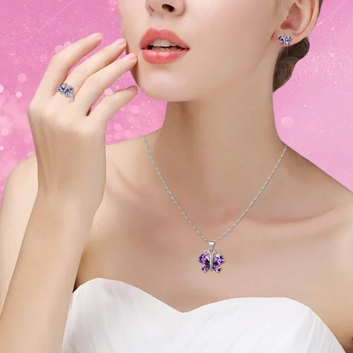 Vista 2 de Uloveido Platino chapado en oro rosa púrpura blanco cristal zirconia cúbica lindo encanto mariposa colgante collar pendientes y anillo barato