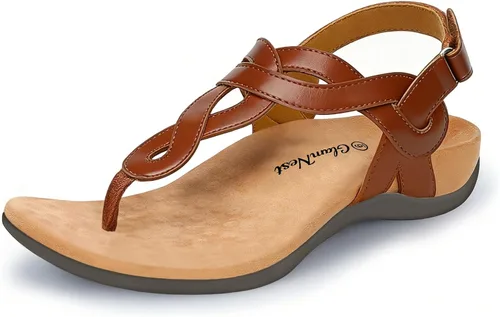Vista 9 de Sandalias ortopédicas para caminar cómodas con soporte de arco para mujer, correa ortopédica en T, sandalias planas de verano para mujer