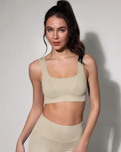 Vista 2 de ODODOS Sujetador deportivo sin costuras con cuello cuadrado para mujer, camiseta sin mangas acanalada, casual, espalda baja
