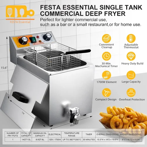 Vista 2 de Festa Essential Freidora eléctrica comercial de encimera de 14 cuartos de galón con cesta de 6.8 cuartos de galón, para restaurante y hogar, 120 V