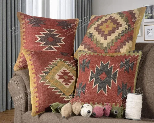 Vista 9 de Chouhan Rugs 4 piezas de fundas de cojín de yute Kilim tejidas a mano, cojines indios vintage 18x18, fundas boho (patrón 1)