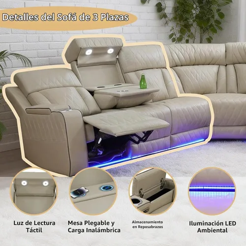 Vista 3 de Juego de sofá reclinable eléctrico, juegos de muebles de sala de estar, juego de sofá modular de cuero con luces LED, portavasos, consola