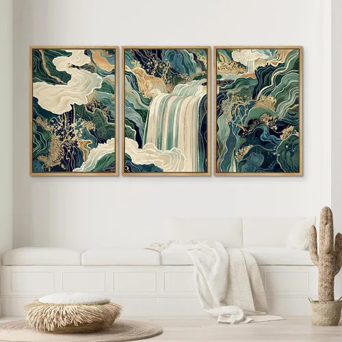 Vista 2 de SIGNWIN Lienzo enmarcado para pared, juego de arte de elegancia de cascada dorada con fluidos lujosos y elementos de la naturaleza, ilustraciones