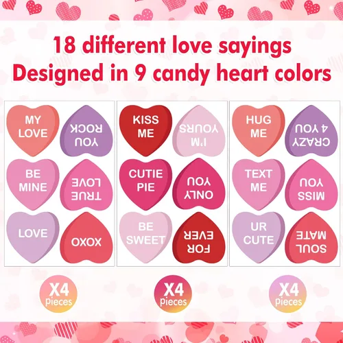 Vista 2 de 12 hojas de calcomanías para ventana del día de San Valentín, diseño de corazón de conversación de doble cara, calcomanías de caramelo