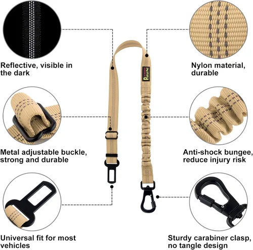 Vista 2 de Plutus Pet Cinturón de seguridad para perro para el coche, arnés de coche ajustable para perros con clip de mosquetón, cinturón de seguridad Beige
