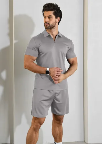 Vista 4 de YTD Conjunto de camisa polo y pantalones cortos casuales de manga corta para hombre, conjunto de dos piezas de verano con cremallera para hombre