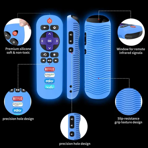 Vista 3 de Paquete de 2 fundas de silicona para control remoto TCL Roku TV RC280, repuesto universal, ligera, a prueba de golpes, TCL Roku TV, con cordón Negro