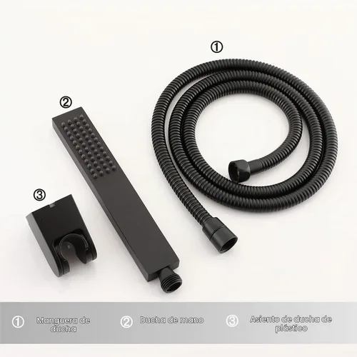 Vista 6 de Asyas Cabezal de ducha de mano de latón con conector de pared ajustable Juego de ducha con soporte ajustable negro