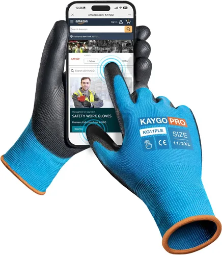 Vista 60 de KAYGO KG11PB - Guantes de trabajo de seguridad con revestimiento de poliuretano, 12 pares de guantes de punto sin costuras para hombres y mujeres