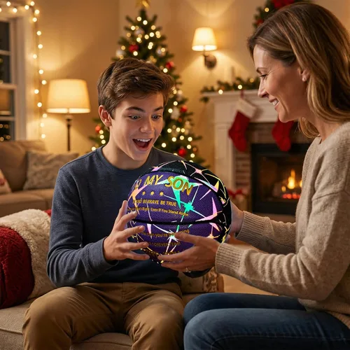 Vista 3 de Baloncesto grabado para hijo nieto que brilla en la oscuridad y holográfico, reflectante de 29.5 pulgadas con bomba de aire, regalo personalizado