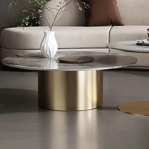 Vista 7 de Mesa auxiliar, mesa de centro redonda de estilo glamuroso de mediados de siglo con base de pedestal de acero, mesa central para sala de estar, mesa