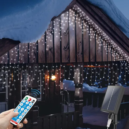 Vista 8 de Luces de carámbano de Navidad con control remoto, 300 luces LED solares para cortina Azul blanco