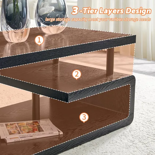Vista 6 de Mesa auxiliar de 43.3 pulgadas, mesa central moderna de 3 niveles con almacenamiento, mesa de centro grande de madera para sala de estar, oficina