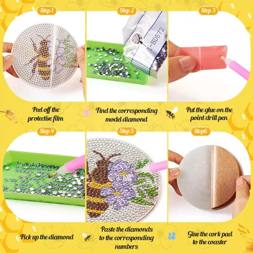 Vista 4 de FASHEWELRY 8 posavasos de arte de diamante con soporte para abejas, kit de posavasos de pintura de diamantes para bebidas, kits de arte de diamantes