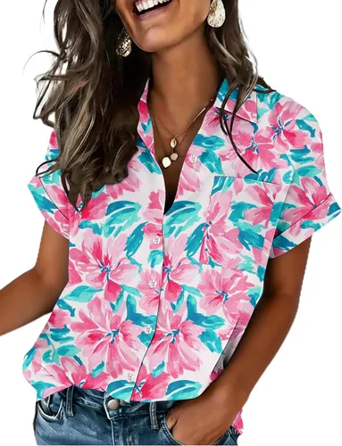 Vista 7 de Zeagoo Camisa de manga corta con botones para mujer, cuello en V, elegante, casual, para negocios, trabajo, con bolsillo, S-XXL