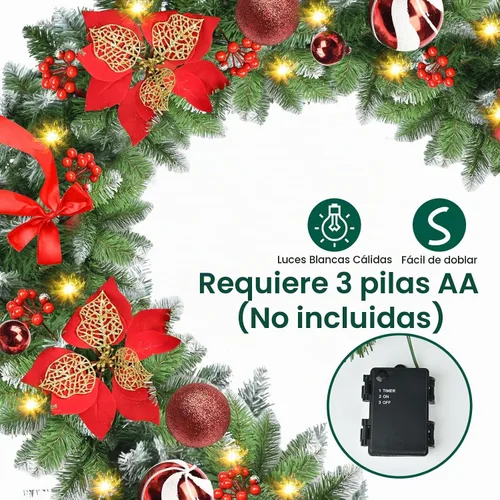 Vista 3 de Guirnalda de Navidad con luces, guirnalda de Navidad preiluminada de 9 pies con 30 luces LED para repisa, decoración de Navidad para interiores