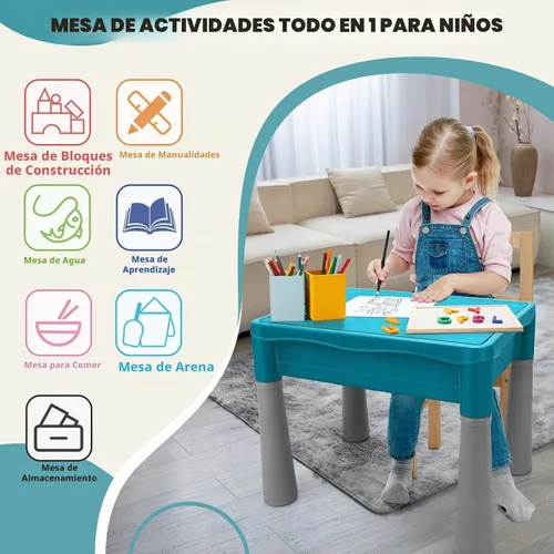 Vista 3 de Mesa de actividades para niños de doble cara con almacenamiento, mesa multiactividad todo en uno, 105 piezas de bloques de construcción con pista