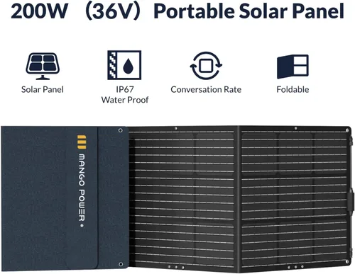 Vista 2 de Mango Power Panel solar de movimiento solar de 200 W/36 V, IP67 impermeable y plegable cargador solar con salida MC- 4 para RV, campamento, apagón