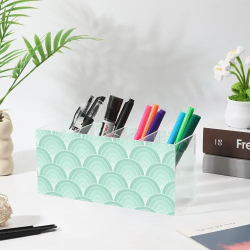 Vista 3 de Green Wavy Retro Acrylic Desk Pen Holder With 4 Compartments Pen Holder Organizer Powder Drink Mix Container Storage Bow Office Decor Container